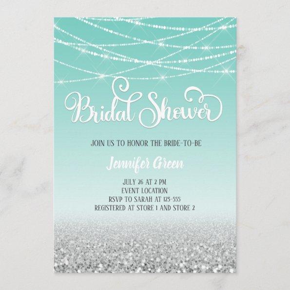 Teal Silver Glitter Bridal Shower Invitations