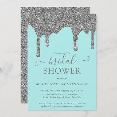Teal Silver Glitter Drips Bridal Shower Invitations