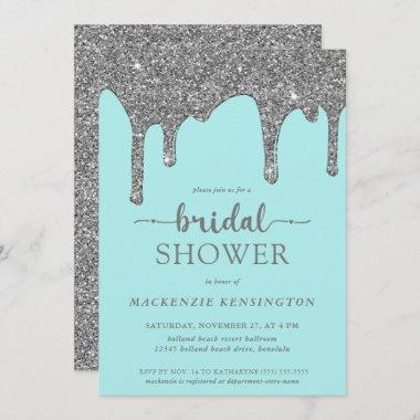 Teal Silver Glitter Drips Bridal Shower Invitations