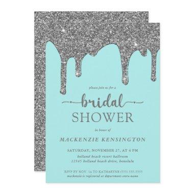 Teal Silver Glitter Drips Bridal Shower Invitations