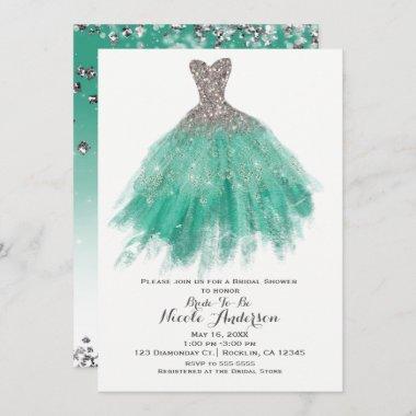 Teal & Silver Glitter Glam Dress Bridal Shower Invitations