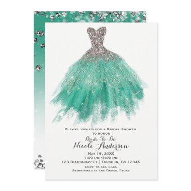 Teal & Silver Glitter Glam Dress Bridal Shower Invitations