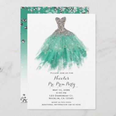 Teal & Silver Glitter Glam Dress Pre Prom Party Invitations