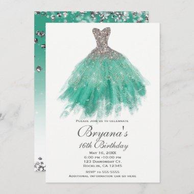 Teal & Silver Glitter Glamour Dress Sweet 16 Party Invitations