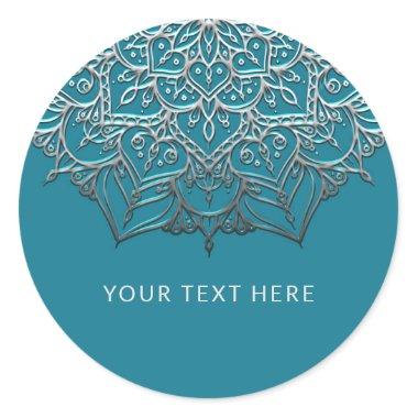 Teal & Silver Mandala Elegant Minimal Wedding Classic Round Sticker