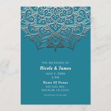 Teal & Silver Mandala Elegant Minimal Wedding Invitations
