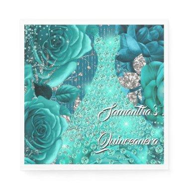 Teal silver rose floral womans quinceanera napkins
