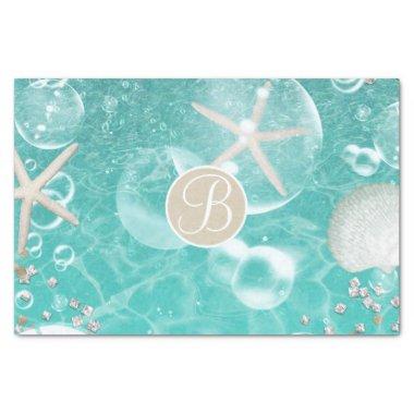 Teal Starfish & Bubbles Beach Monogram Initial Tissue Paper