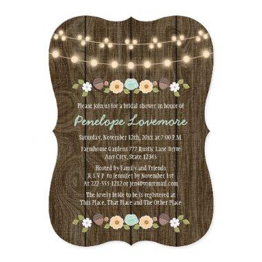 Teal String of Lights Fall Rustic Bridal Shower Invitations