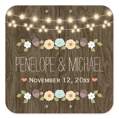 Teal String of Lights Rustic Fall Acorn Wedding Square Sticker