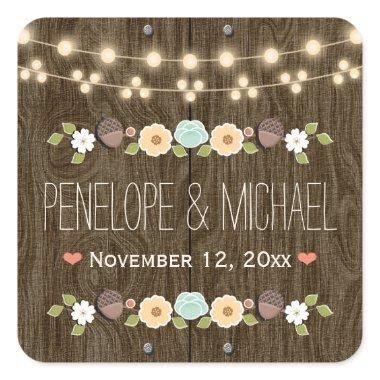 Teal String of Lights Rustic Fall Acorn Wedding Square Sticker