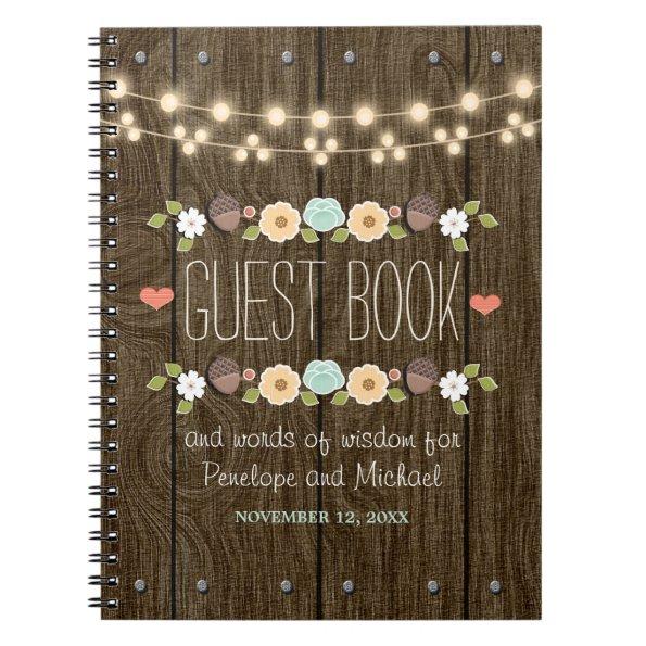 Teal String of Lights Rustic Wedding Guest Boook Notebook