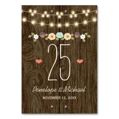 Teal String of Lights Rustic Wedding Table Number