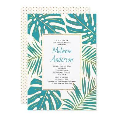 Teal tropical leaves wedding bridal shower Invitations