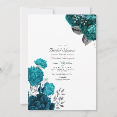 Teal - Turquoise and Silver Floral Bridal Shower Invitations