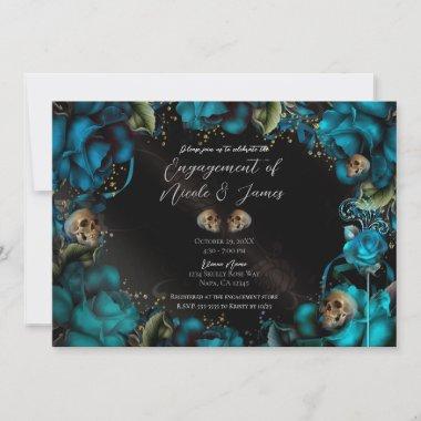 Teal Turquoise Roses Skulls Gothic Engagement Invitations