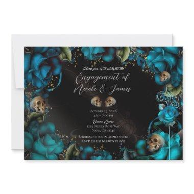 Teal Turquoise Roses Skulls Gothic Engagement Invitations