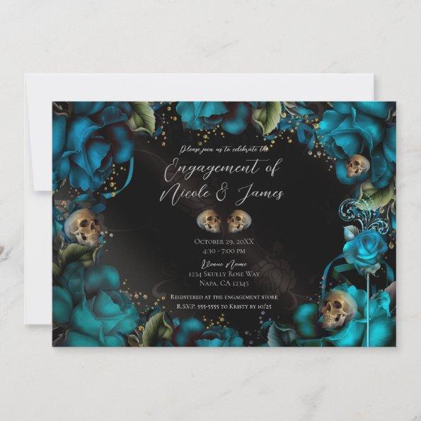 Teal Turquoise Roses Skulls Gothic Engagement Invitations