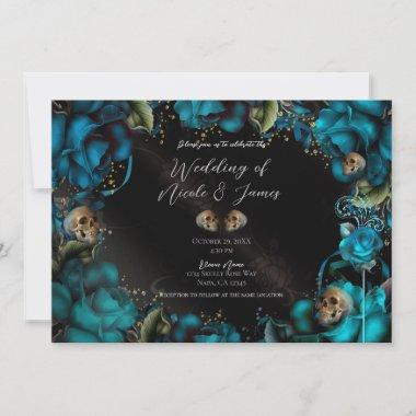 Teal Turquoise Roses Skulls Gothic Wedding Invitations