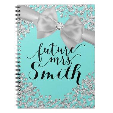 Teal Turquoise White Bow Diamond Bling Future Mrs. Notebook