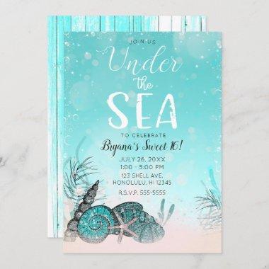 Teal Under the Sea Shells Beach Sweet 16 Party Invitations
