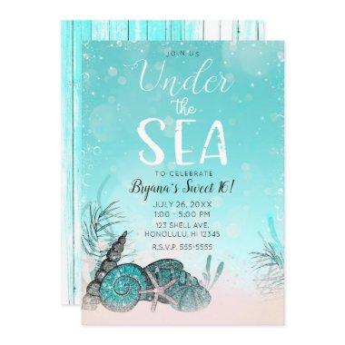 Teal Under the Sea Shells Beach Sweet 16 Party Invitations