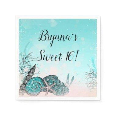 Teal Under the Sea Shells Beach Sweet 16 Party Napkins