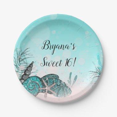 Teal Under the Sea Shells Beach Sweet 16 Party Paper Plates