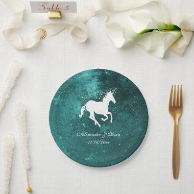 Teal Unicorn Wedding Paper Plate