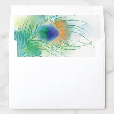 Teal Watercolor Peacock Feather Envelope Liner