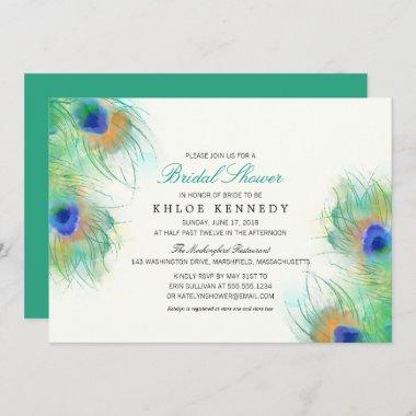 Teal Watercolor Peacock Feathers Bridal Shower Invitations