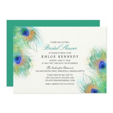 Teal Watercolor Peacock Feathers