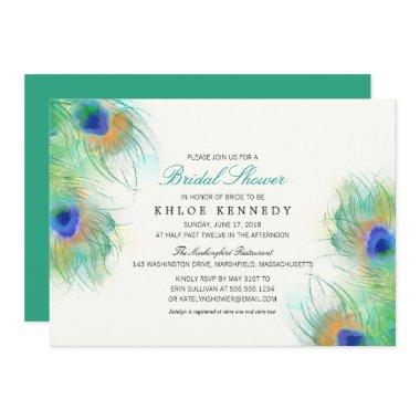 Teal Watercolor Peacock Feathers Bridal Shower Invitations