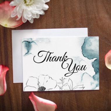 Teal Watercolor Sketch Wedding Thank You Flat Invitations