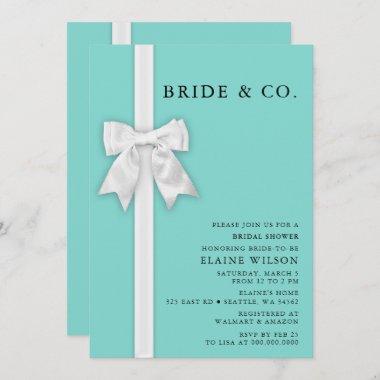 Teal White Bow Ribbon Cute Modern Bridal Shower Invitations