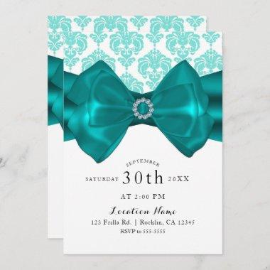 Teal & White Damask Bow Glam Chic Sweet 16 Party Invitations