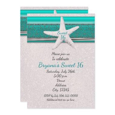 Teal & White Starfish Beach Sweet 16 Invitations