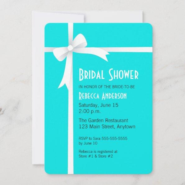 Teal with White Ribbon & Bow Bridal Shower Invitations