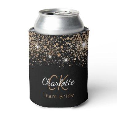 Team Bride black gold glitter monogram name Can Cooler