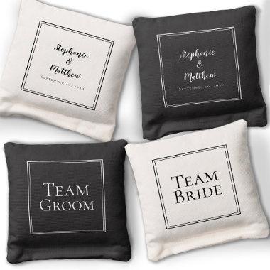 Team Bride & Groom Wedding Engagement Black White Cornhole Bags