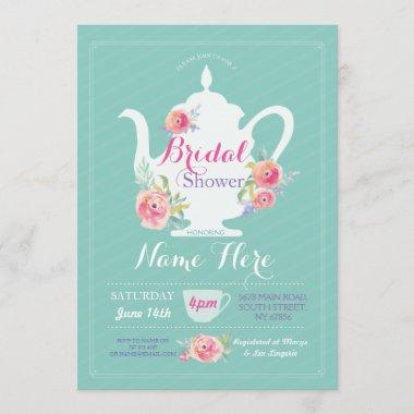 Teapot Bridal Shower Tea Party Mint Invite