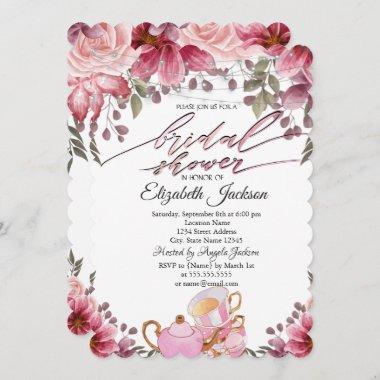 Teapot Macaron String Lights Floral Bridal Shower Invitations