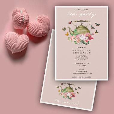 Teapot Party Pink Floral Butterflies Bridal Shower Invitations