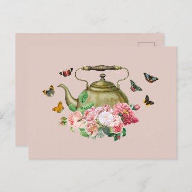 Teapot Party Pink Floral & Butterflies Kettle Holiday PostInvitations