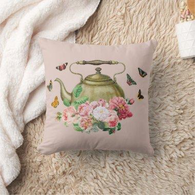 Teapot Party Pink Floral & Butterflies Kettle Throw Pillow