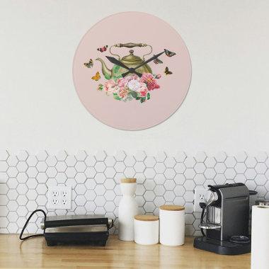 Teapot Party Pink Floral & Butterflies Kitchen Large Clock
