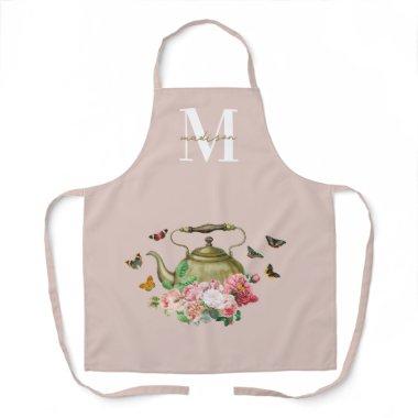 Teapot Party Pink Floral & Butterflies Monogram Apron