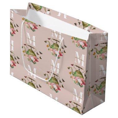 Teapot Party Pink Floral & Butterflies Monogram Large Gift Bag