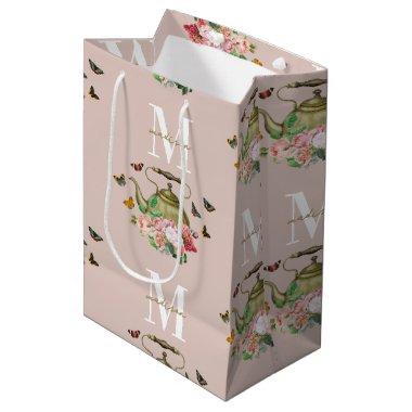 Teapot Party Pink Floral & Butterflies Monogram Medium Gift Bag