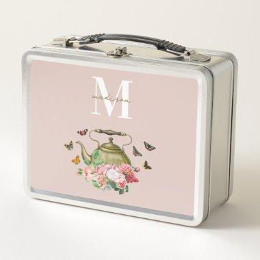 Teapot Party Pink Floral & Butterflies Monogram Metal Lunch Box